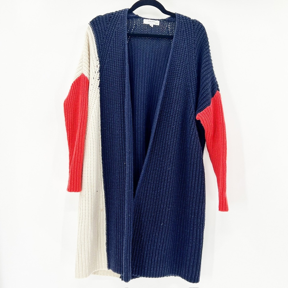 Victor Alfaro Cardigan Womens Small Navy Red Colorblock Excellent Chunky Knit HU